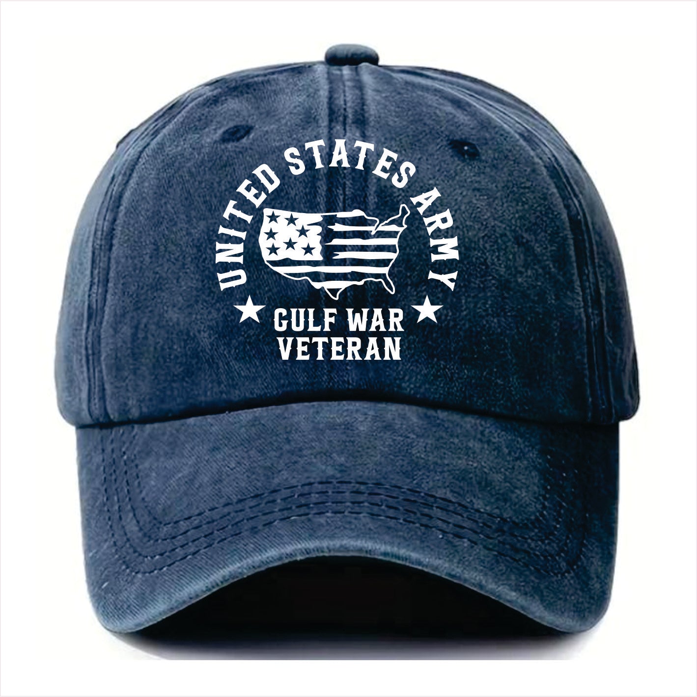 Blue cap with 'United States Army Gulf War Veteran' text and flag design on a white background