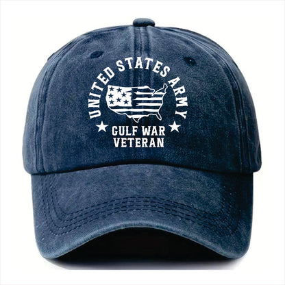 Blue cap with 'United States Army Gulf War Veteran' text and flag design on a white background