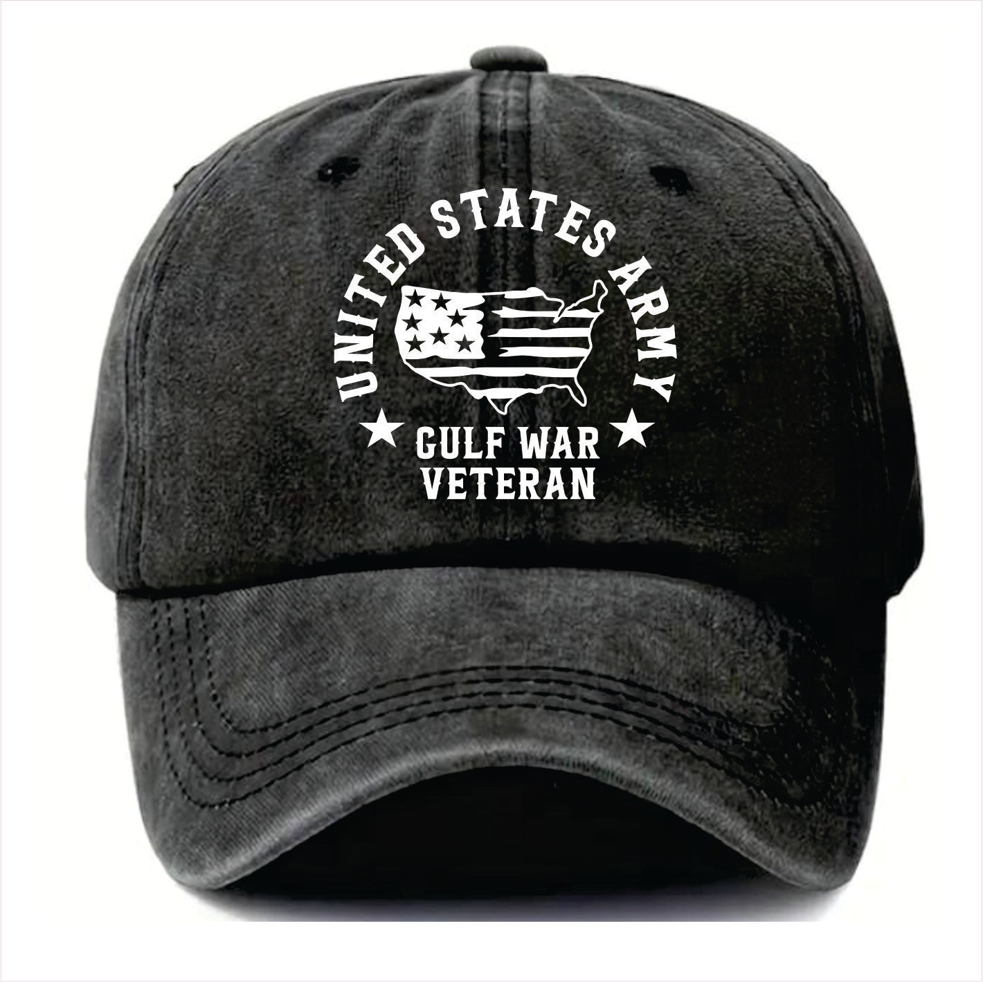 Black cap with 'United States Army Gulf War Veteran' text and design on a white background