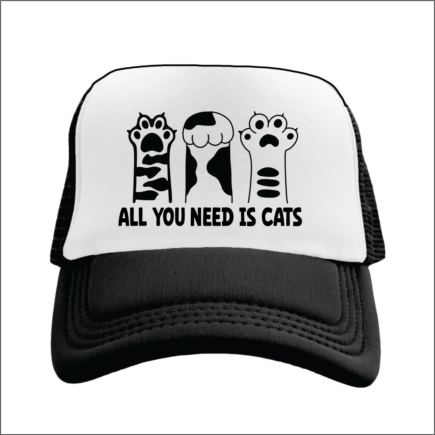 trucker hat with cat paws and message all you need is cats