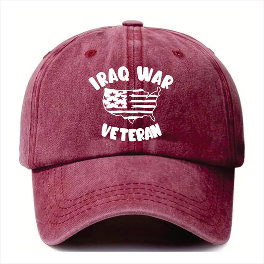 burgundy cap with 'Iraq War Veteran' text and American flag design on a white background