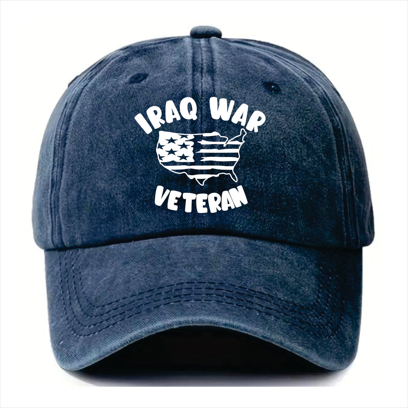 Blue cap with 'Iraq War Veteran' text and map design on a white background