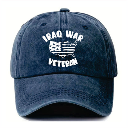 Blue cap with 'Iraq War Veteran' text and map design on a white background