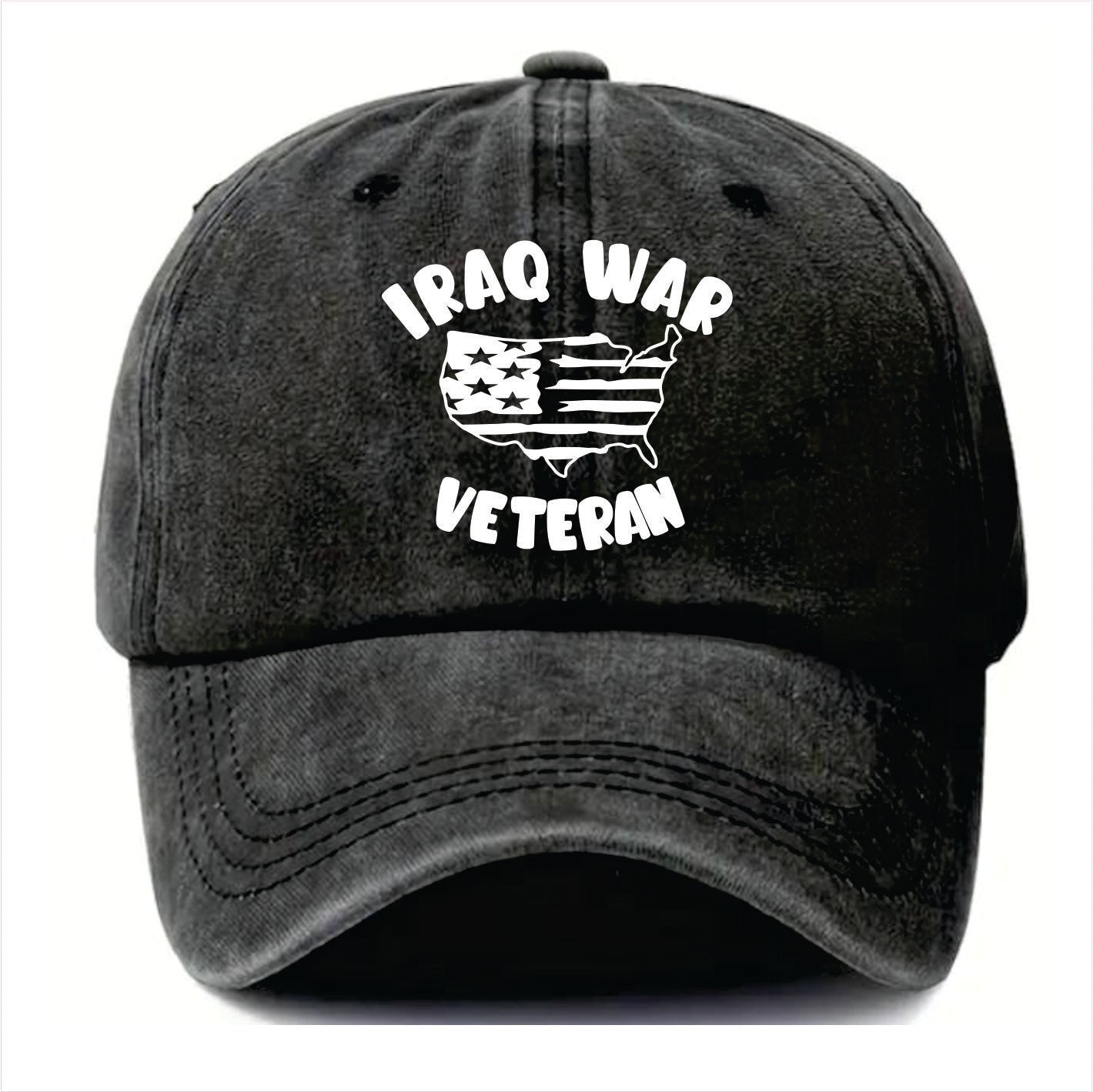 Black cap with 'Iraq War Veteran' text and map design on a white background