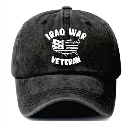 Black cap with 'Iraq War Veteran' text and map design on a white background