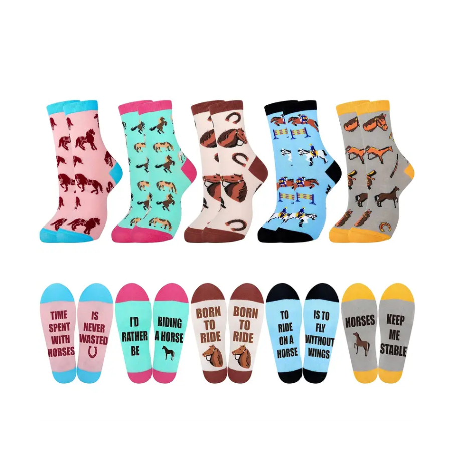 pack of 5 women socks with different horse designs and a message in the soles