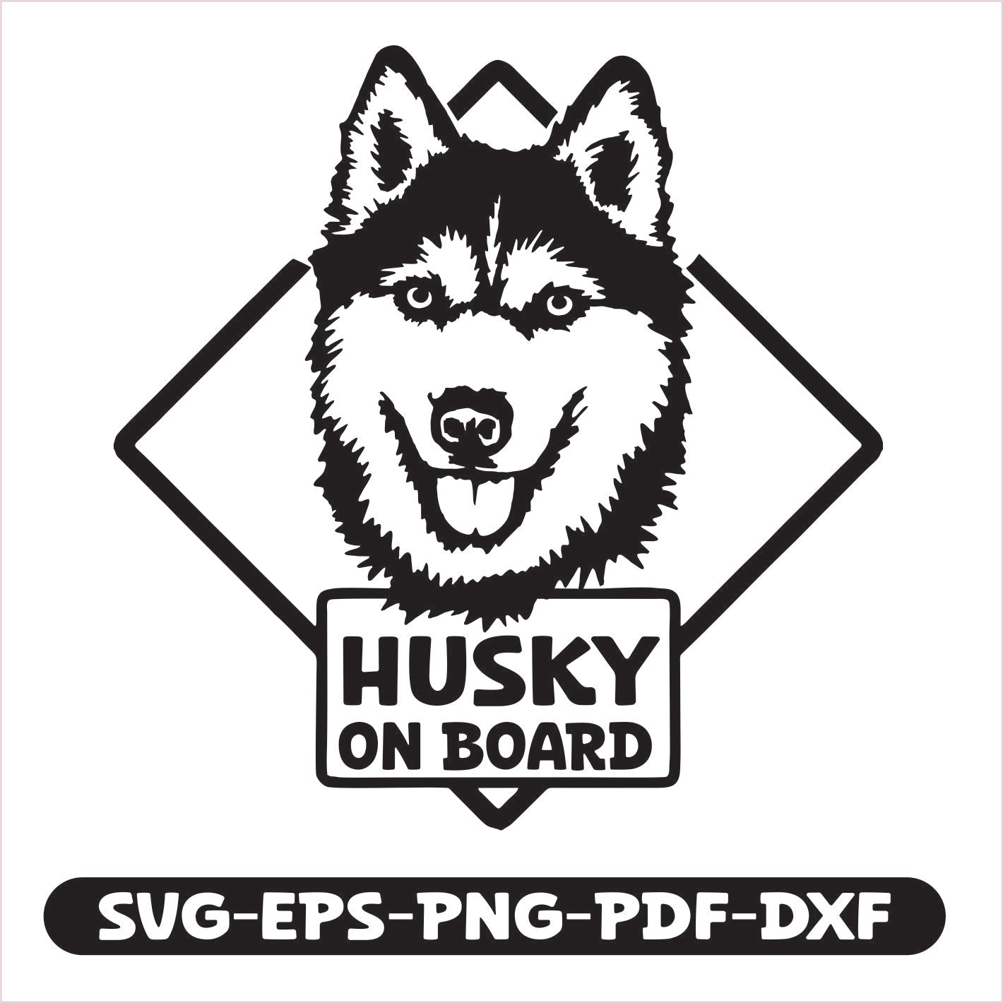 "Husky on board" cutting file, perfect for creating personalized decals, signs, and gifts. Available in SVG, EPS, PNG, PDF, and DXF formats, it ensures compatibility with most cutting machines and design software.