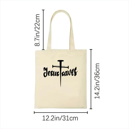 white tote bag with 'Jesus saves' text and cross design, shown with measurements on a white background.
