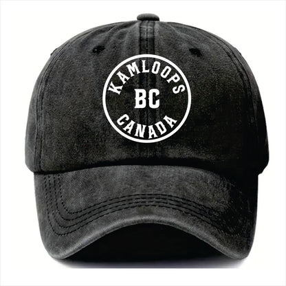 Black cap with 'Kamloops BC Canada' text on a white background 