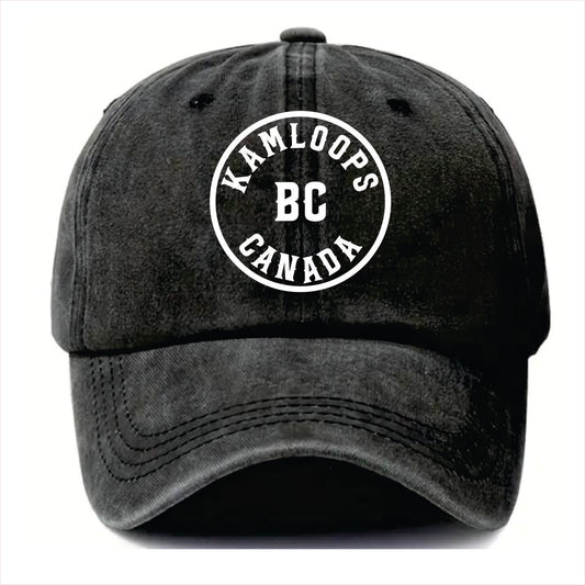Black cap with 'Kamloops BC Canada' text on a white background 