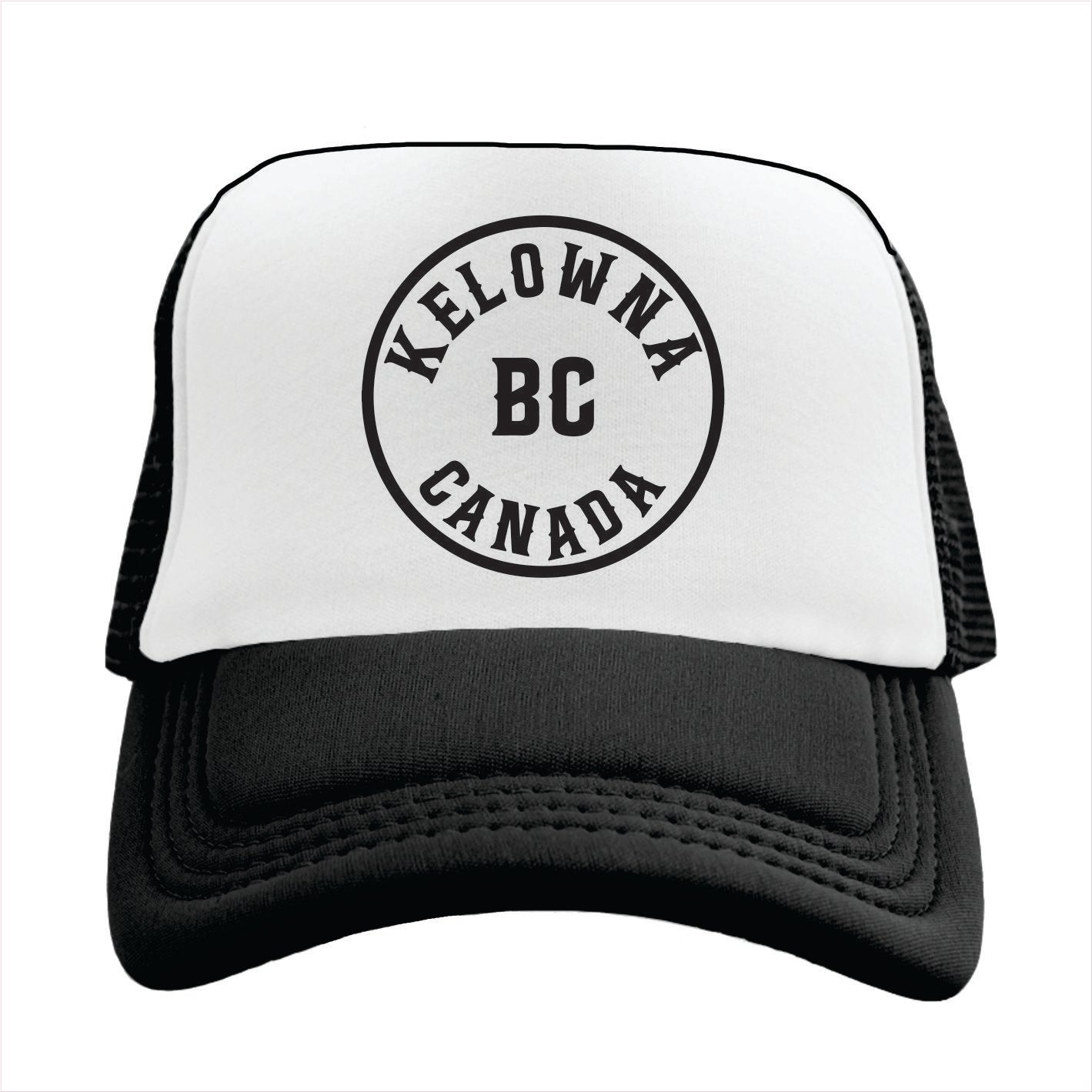 Trucker hat with 'Kelowna BC Canada' text on a white background