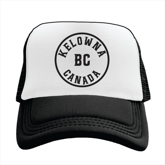 Trucker hat with 'Kelowna BC Canada' text on a white background
