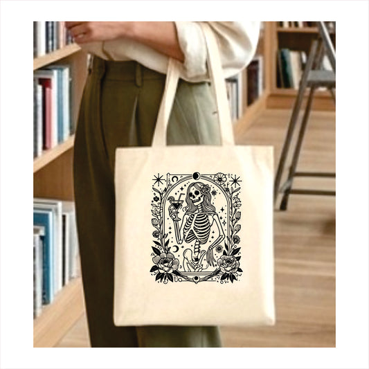 Lady drinking skull gothic tote bag 1