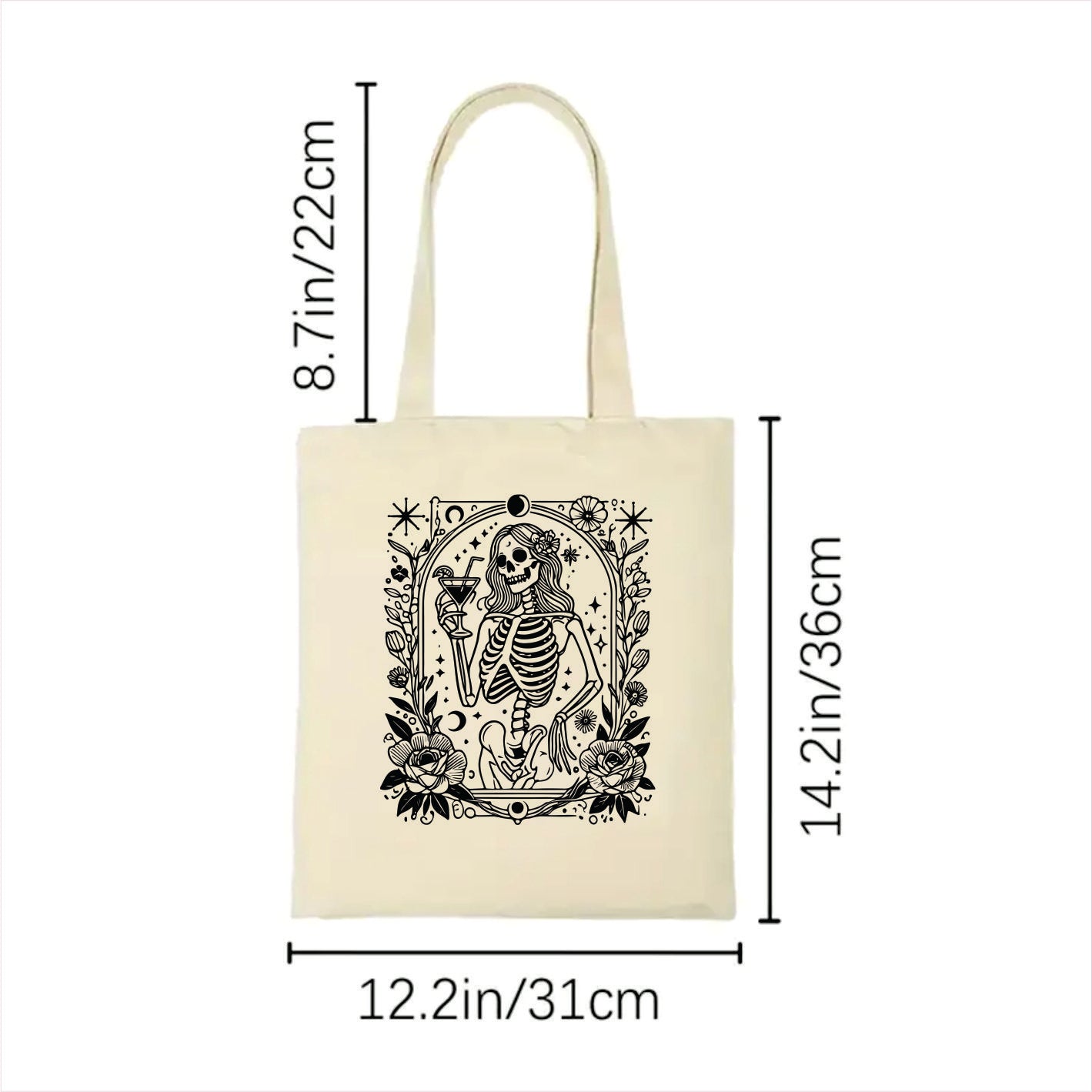 Lady drinking skull gothic tote bag 2