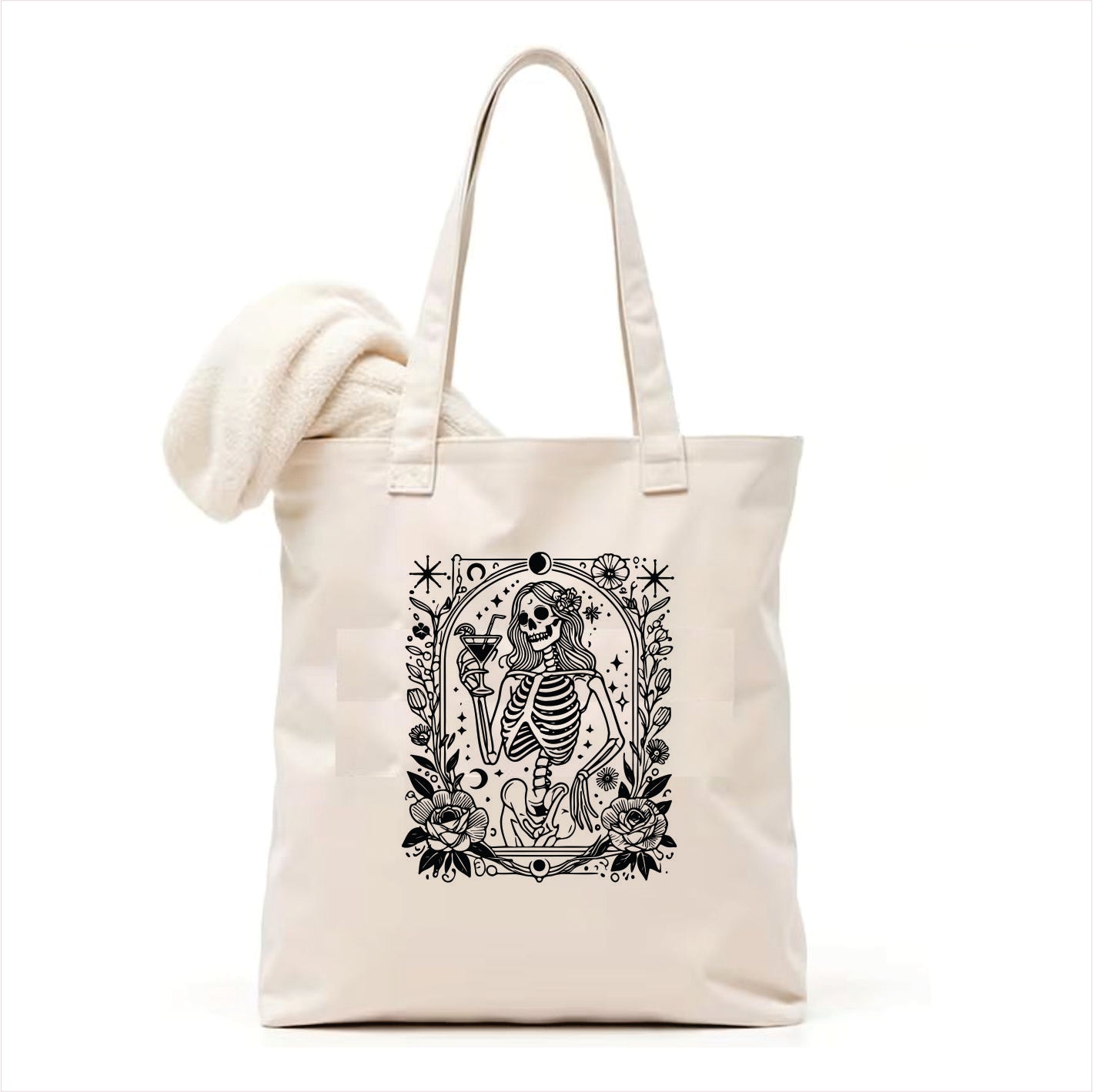 Lady drinking skull gothic tote bag 3