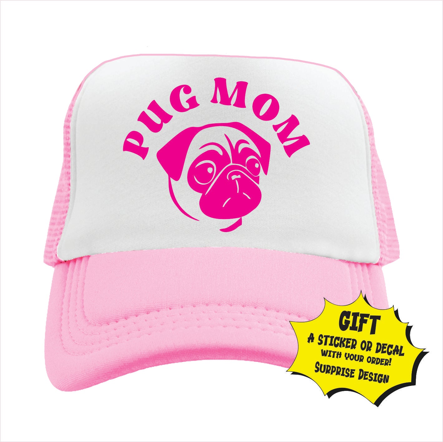 Light Pink and white trucker hat cap with 'Pug Mom' text and pug graphic on a white background