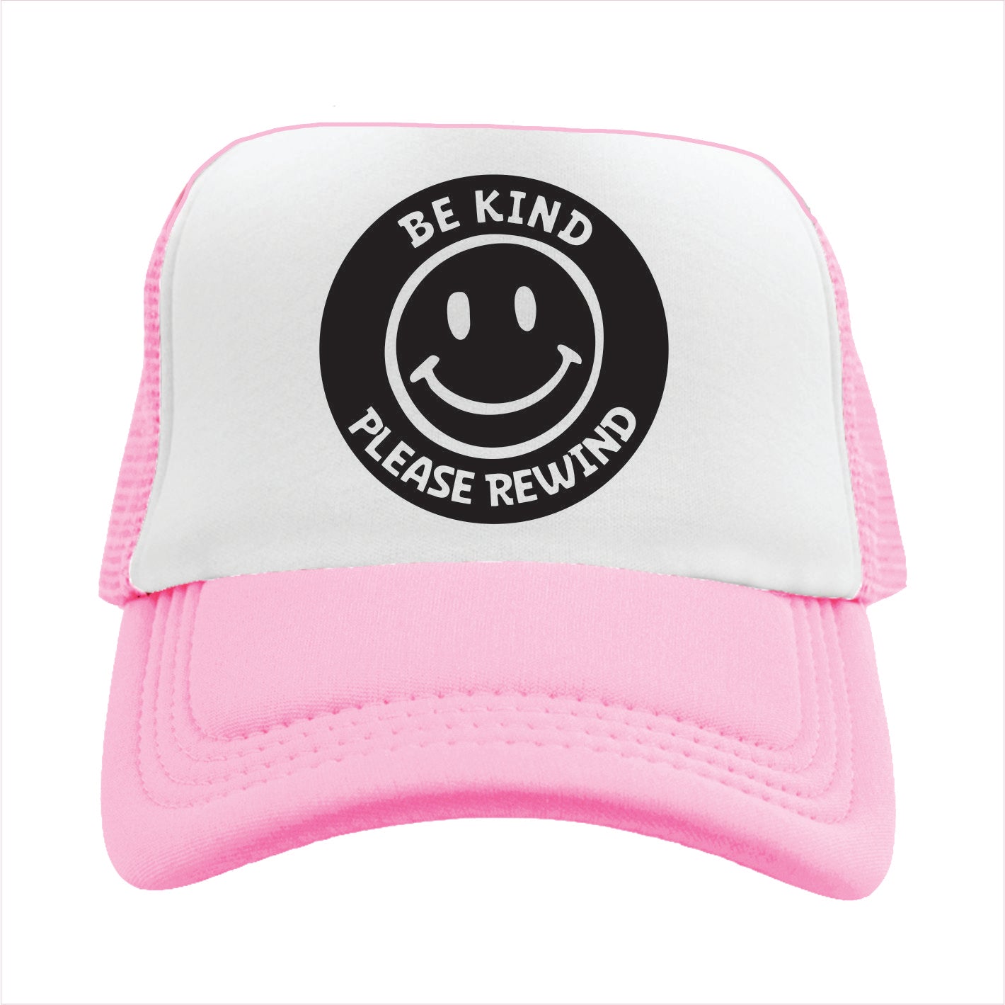 Light pink trucker hat with a round black featuring a smiley face and the text 'BE KIND PLEASE REWIND' on the front.