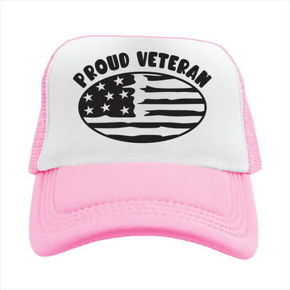 Light Pink and white trucker hat cap with 'Proud Veteran' and American flag design on a white background