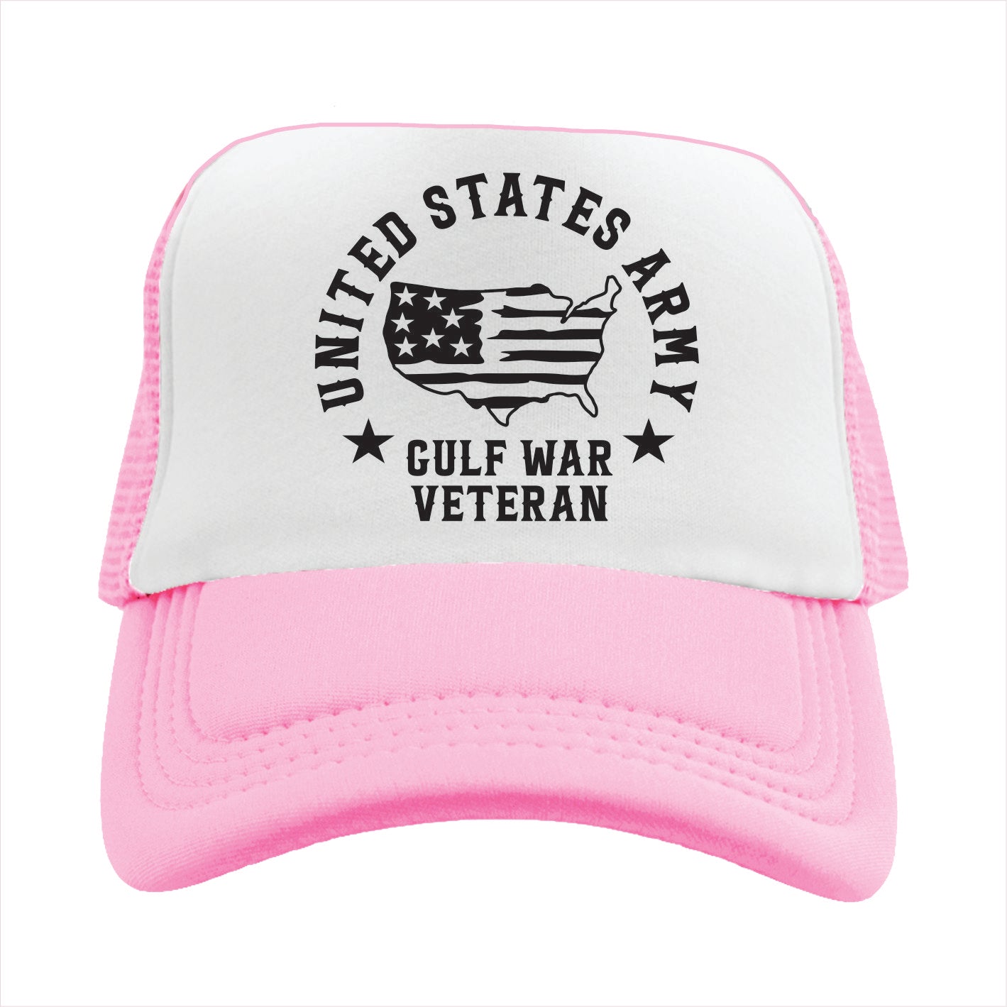 Light Pink and white trucker hat cap with 'United States Army Gulf War Veteran' text and map design on a white background
