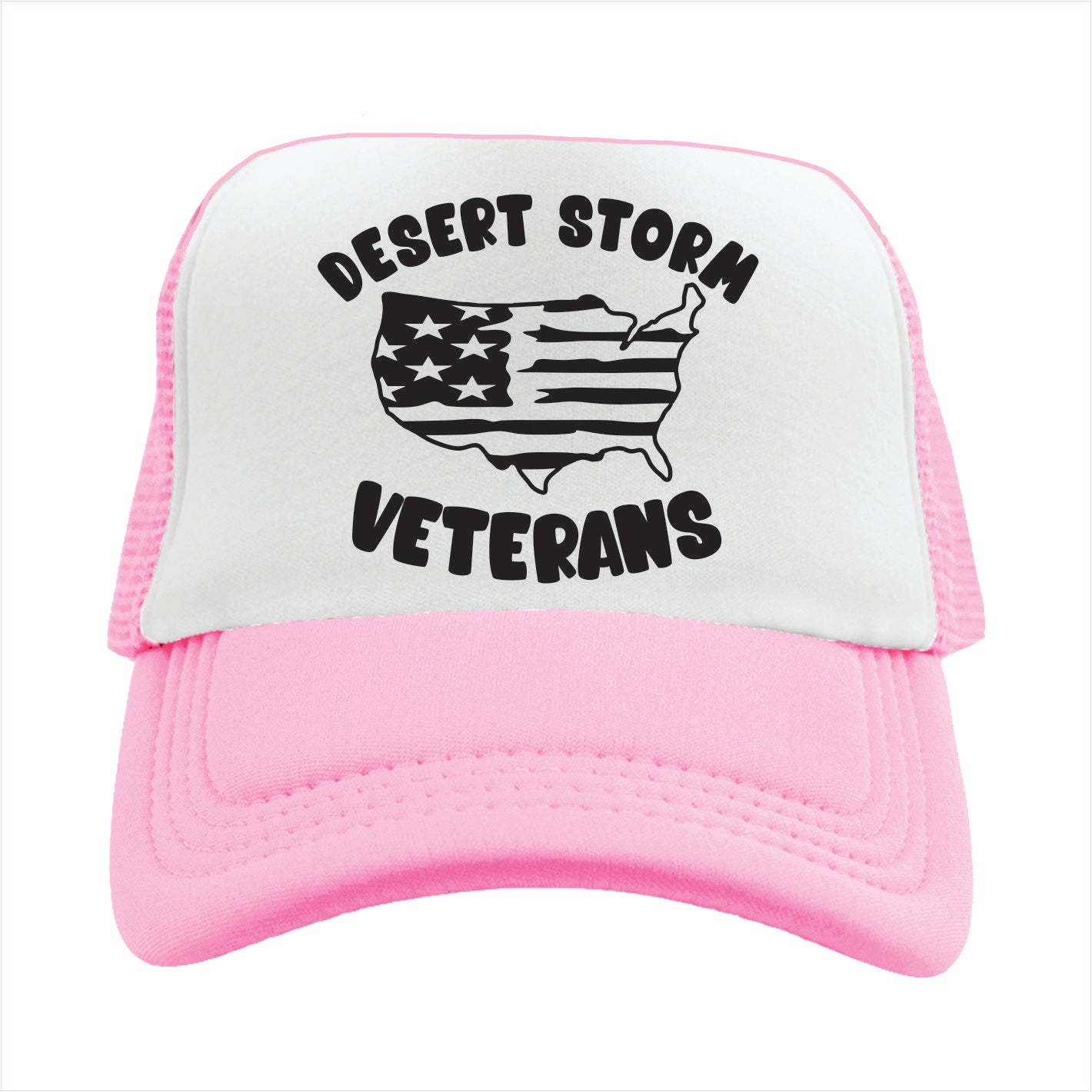 Light Pink and white trucker hat cap with 'Desert Storm Veterans' text and American flag design on a white background
