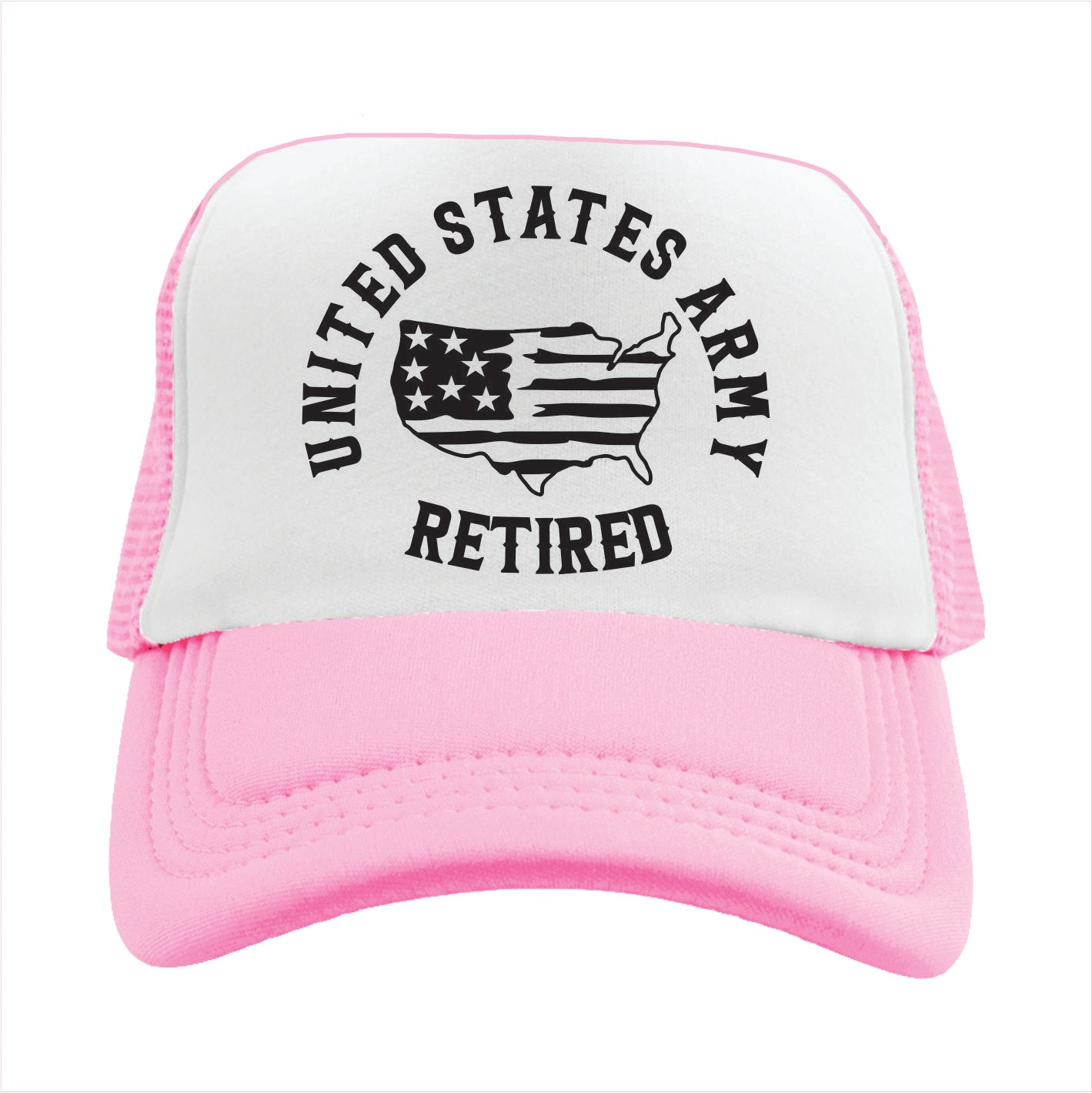 Light Pink and white trucker hat cap with 'United States Army Retired' text and logo on a white background