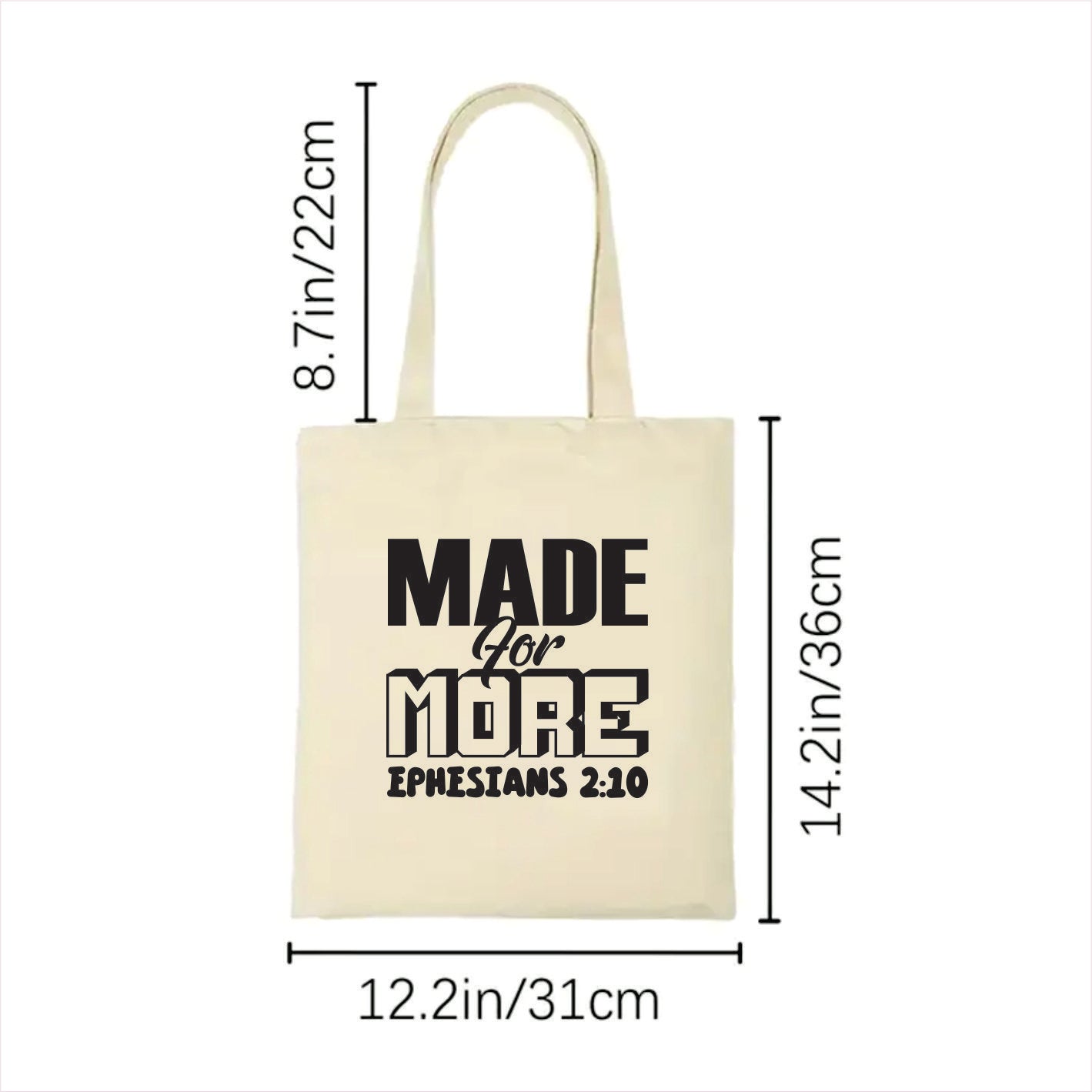 white tote bag with text and measurements on a white background