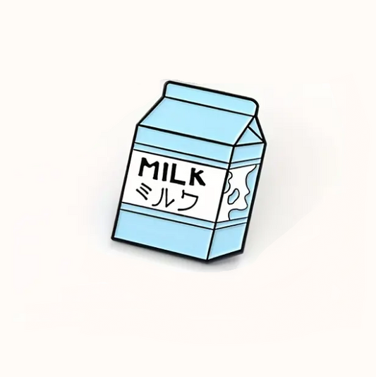 ligh blue milk carton box enamel pin, cartoon style