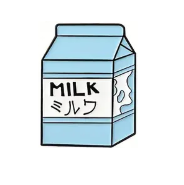 ligh blue milk carton box enamel pin, cartoon style