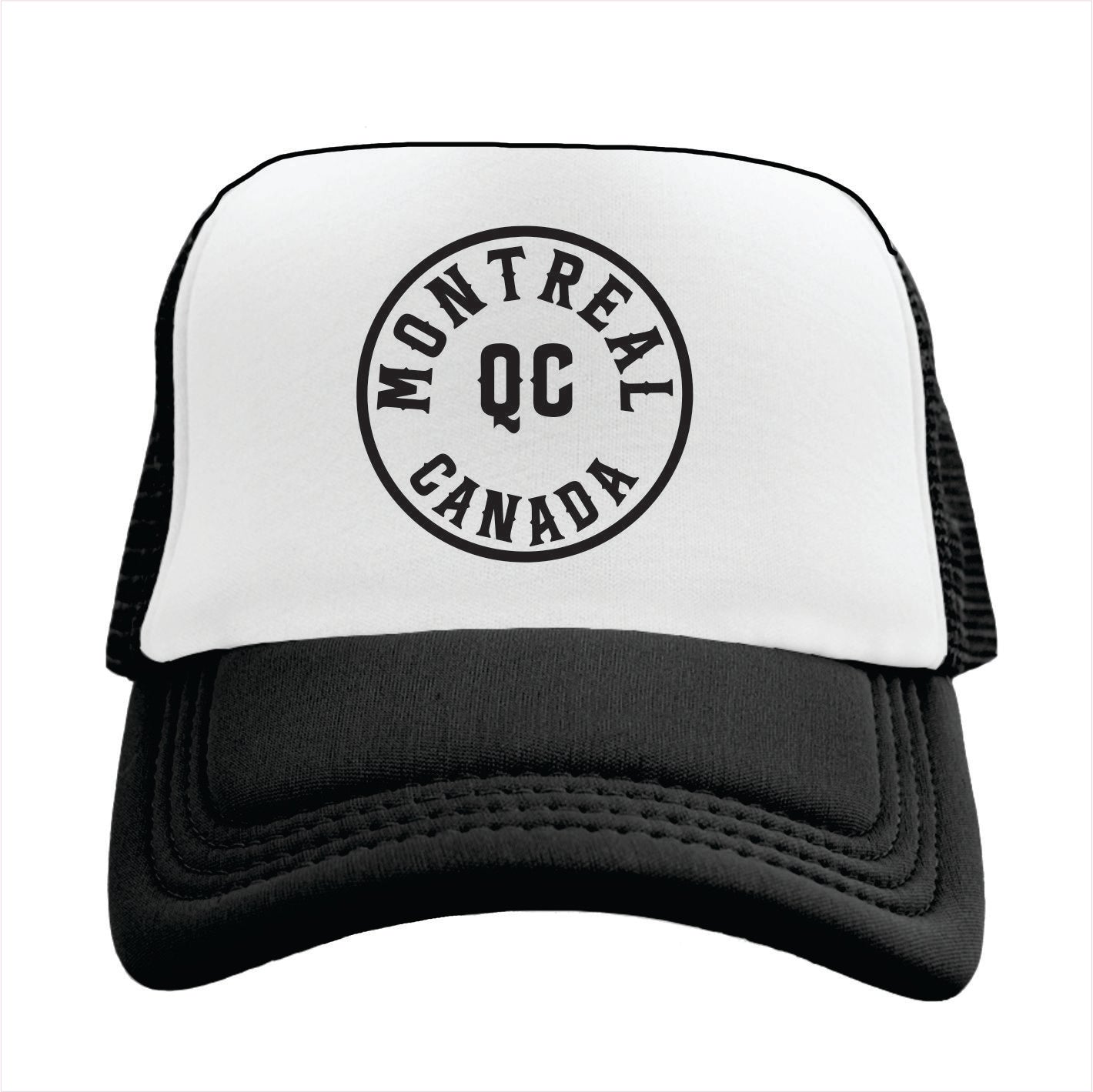 Black and white trucker hat with 'Montreal QC Canada' text on a white background