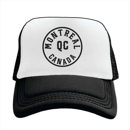 Black and white trucker hat with 'Montreal QC Canada' text on a white background