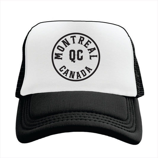 Black and white trucker hat with 'Montreal QC Canada' text on a white background