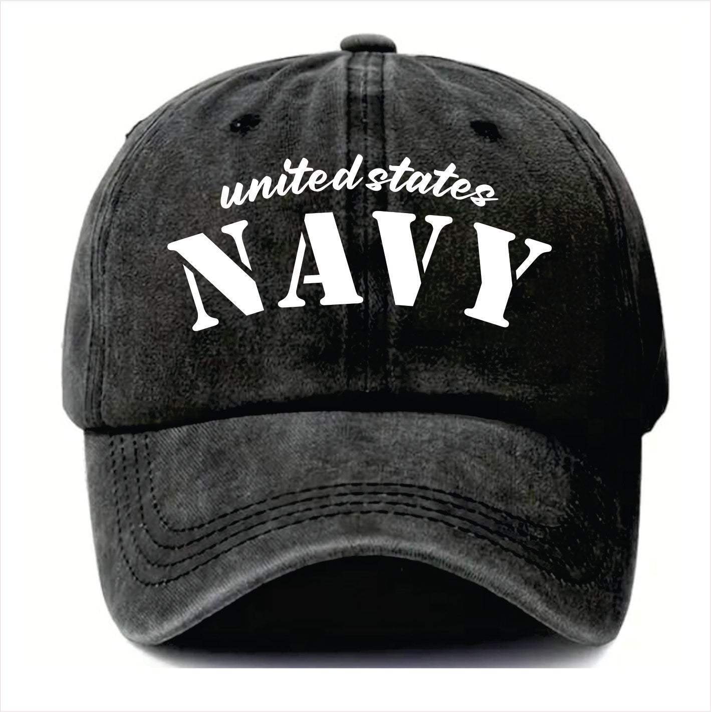 Black cap with 'United States Navy' text on a white background