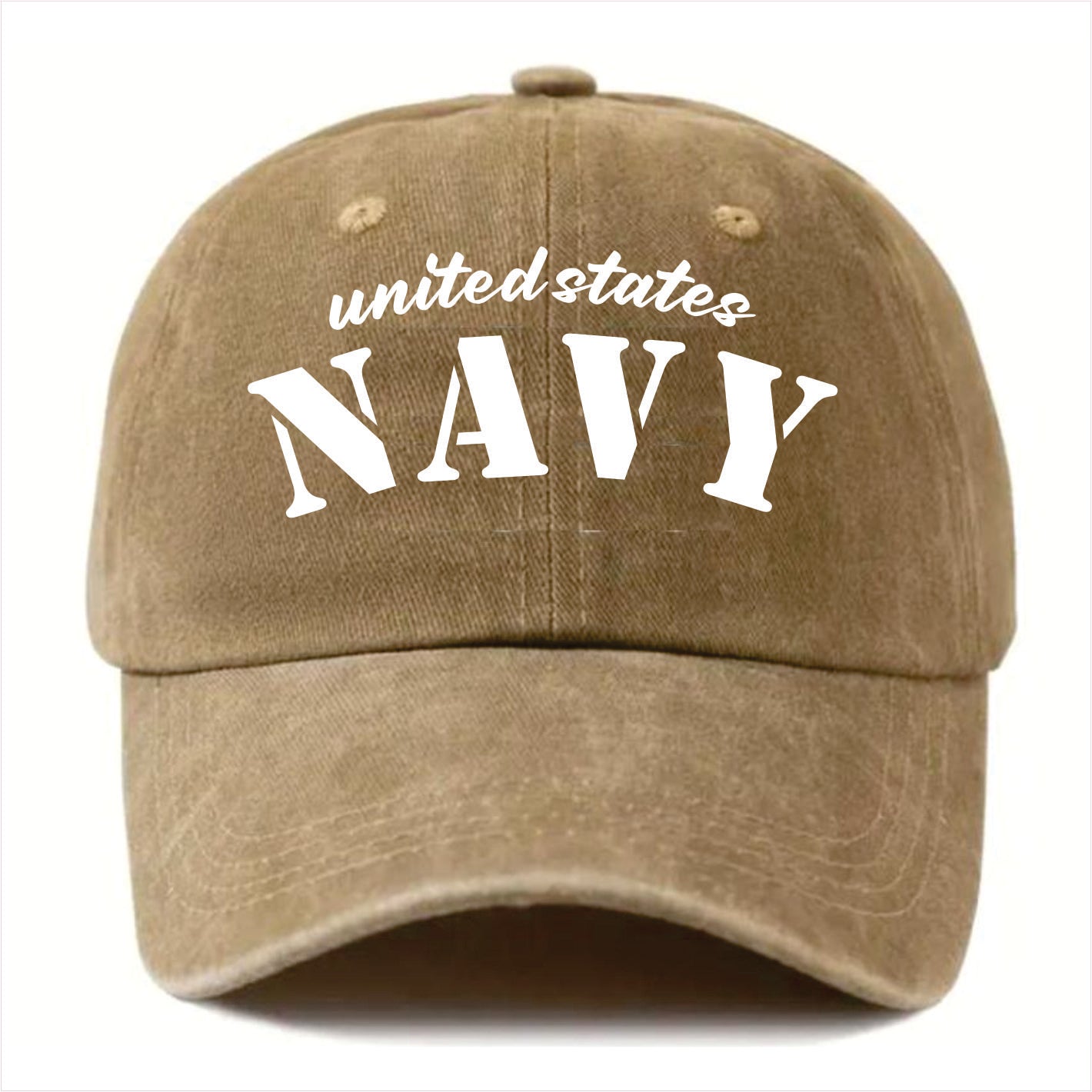 Khaki cap with 'United States Navy' text on a white background