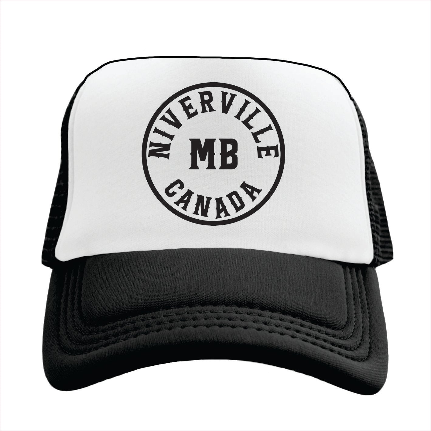 Trucker hat with 'Niverville MB Canada' text on a white background