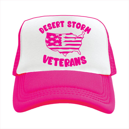 Pink and white trucker hat cap with 'Desert Storm Veterans' text and American flag design on a white background