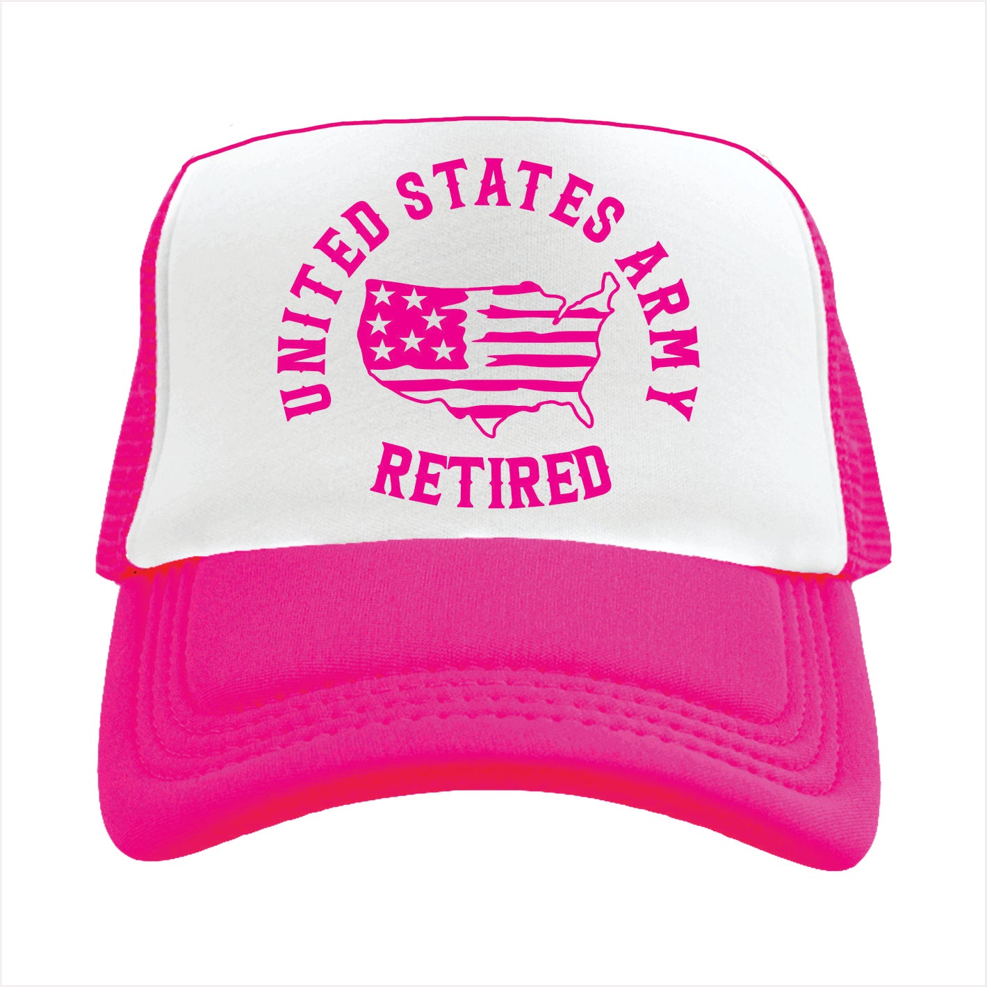 Pink and white trucker hat cap with 'United States Army Retired' text and design on a white background