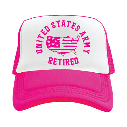 Pink and white trucker hat cap with 'United States Army Retired' text and design on a white background