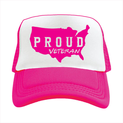 Pink and white trucker hat cap with 'PROUD Veteran' text and USA map design on a white background