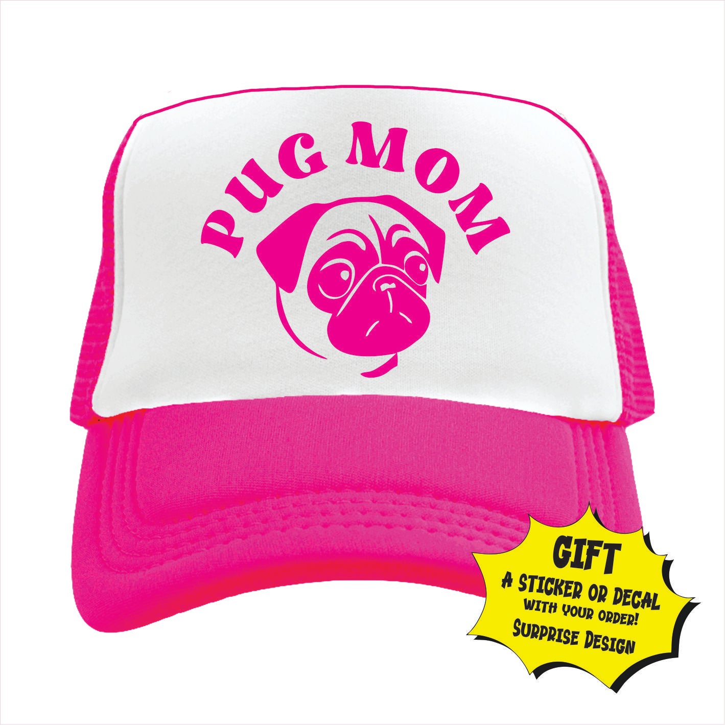 Pink and white trucker hat cap with 'Pug Mom' text and pug graphic on a white background
