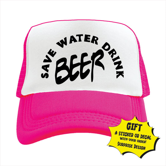 Pink and white trucker hat cap with 'Save Water Drink Beer' text on a white background
