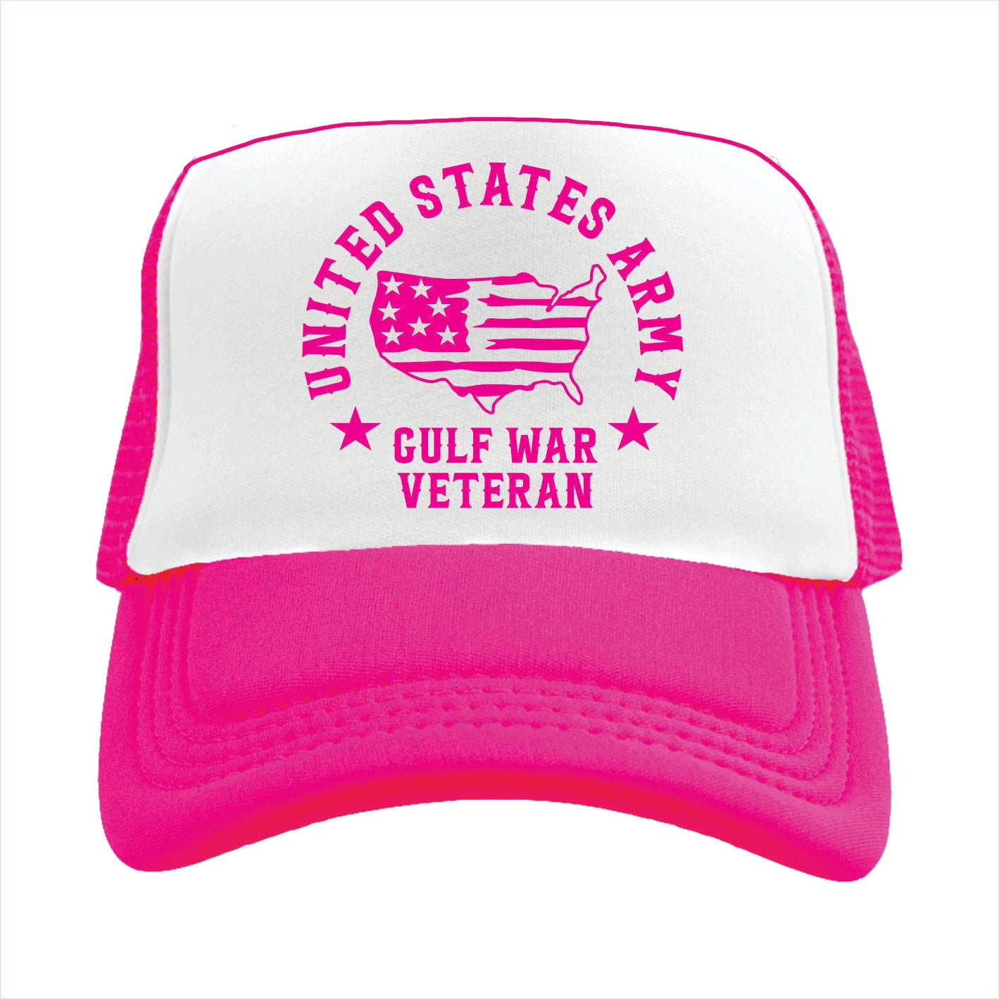 Pink and white trucker hat cap with 'United States Army Gulf War Veteran' text and design on a white background