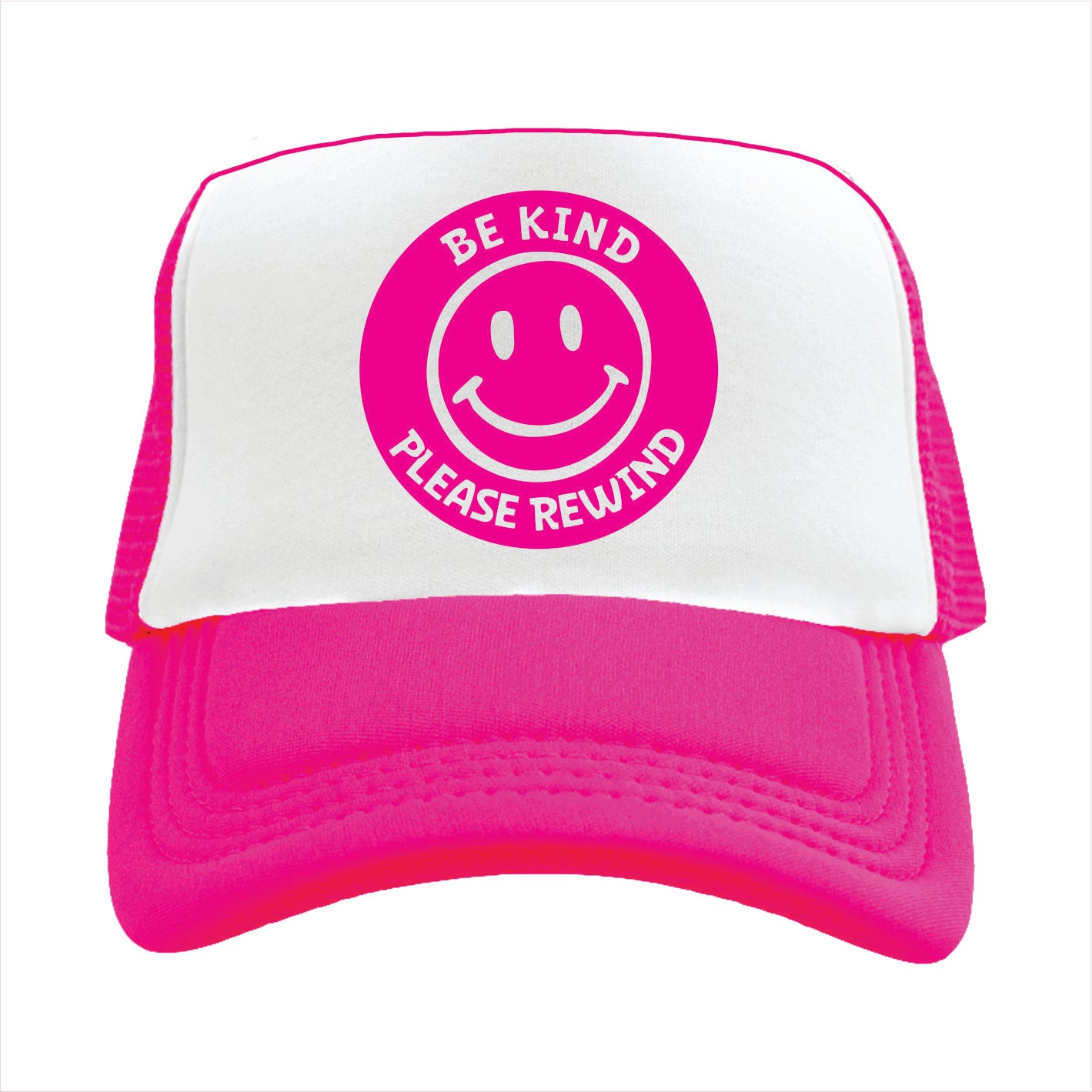 Pink and white trucker hat with a round pink featuring a smiley face and the text 'BE KIND PLEASE REWIND' on the front.
