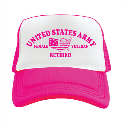 Pink and white trucker hat cap with 'United States Army Female Veteran Retired' text on a white background