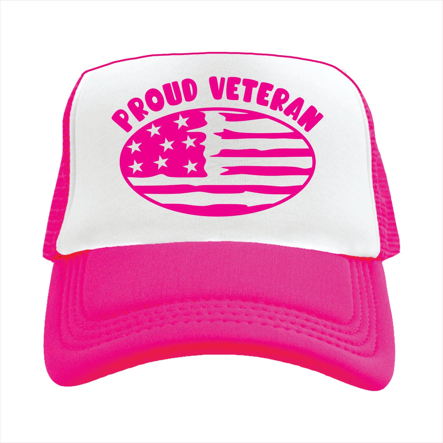 Pink and white trucker hat cap with 'Proud Veteran' text and American flag design on a white background