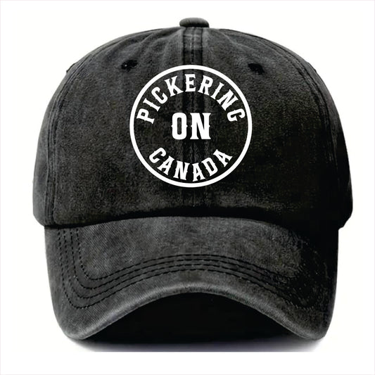 Black cap with 'Pickering ON Canada' text on a white background