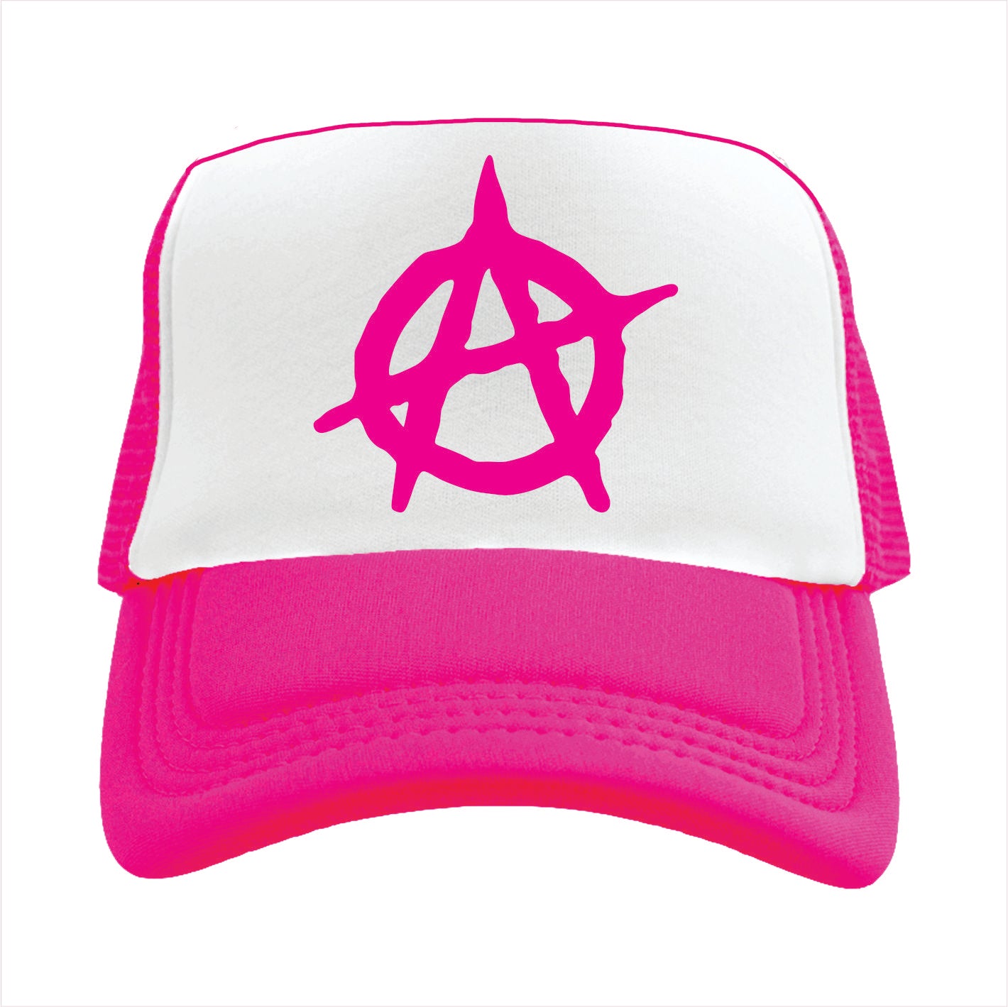 pink and white trucker hat cap with a pink symbol on a white background