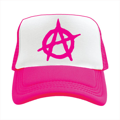 pink and white trucker hat cap with a pink symbol on a white background