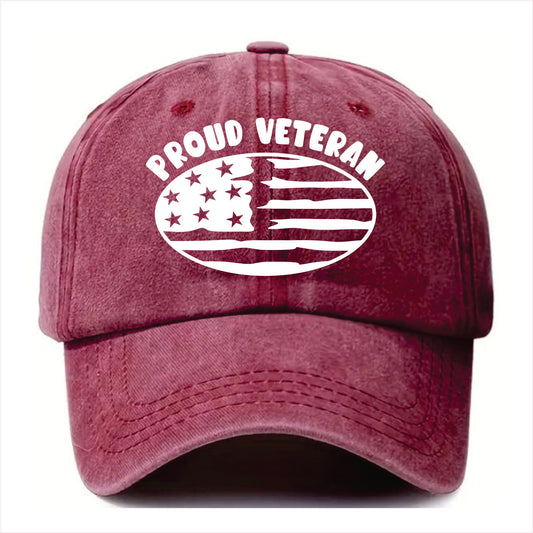 Burgundy cap with 'Proud Veteran' and American flag design on a white background