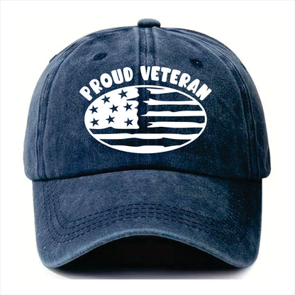Blue cap with 'Proud Veteran' and American flag design on a white background