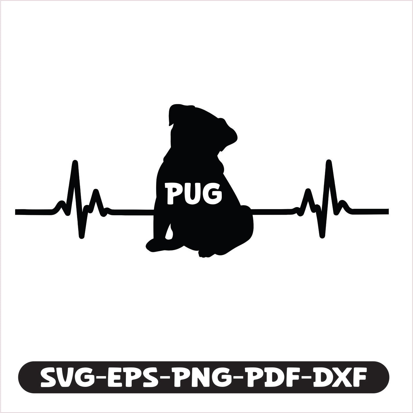 Pug Heart Line Pulse SVG EPS PNG PDF DXF Cutting File